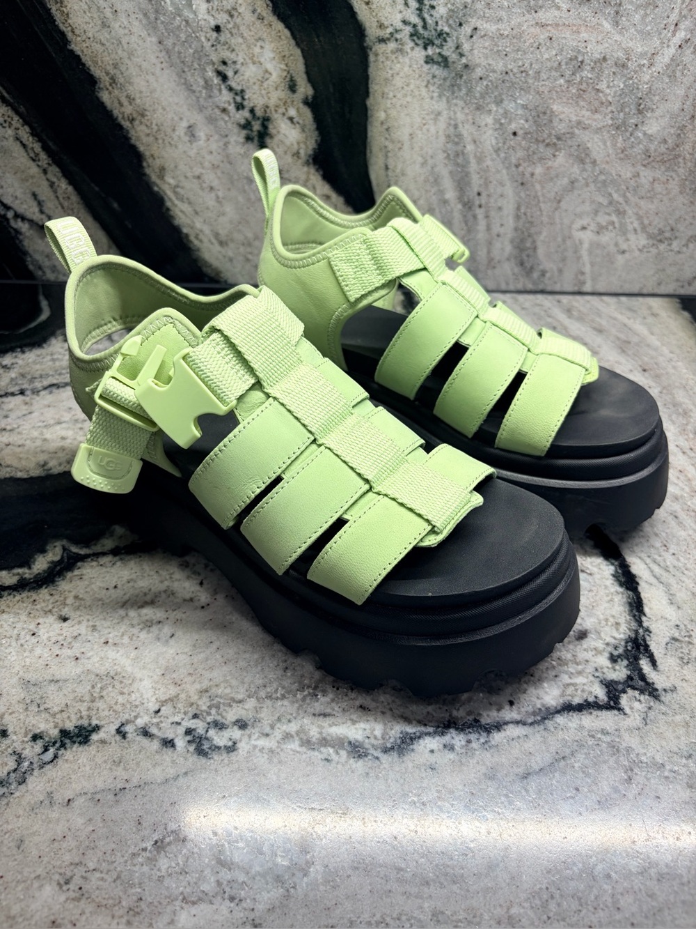 UGG Women’s Green Platform Lug Sandals Buckle Leather Sport Sandals Size 7